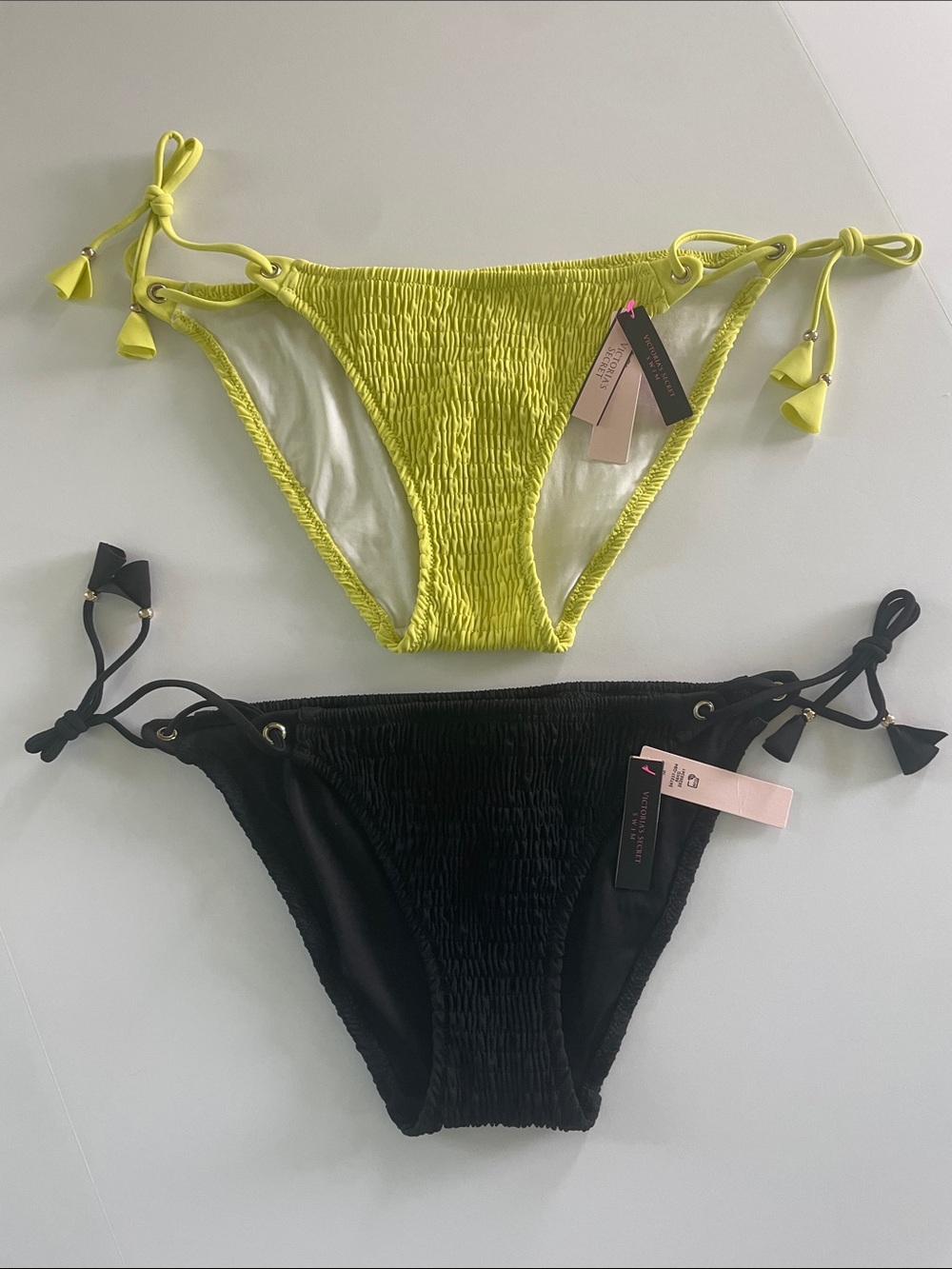 NWT Victoria's Secret Black & Neon Yellow Tie-Side Bikini Bottoms